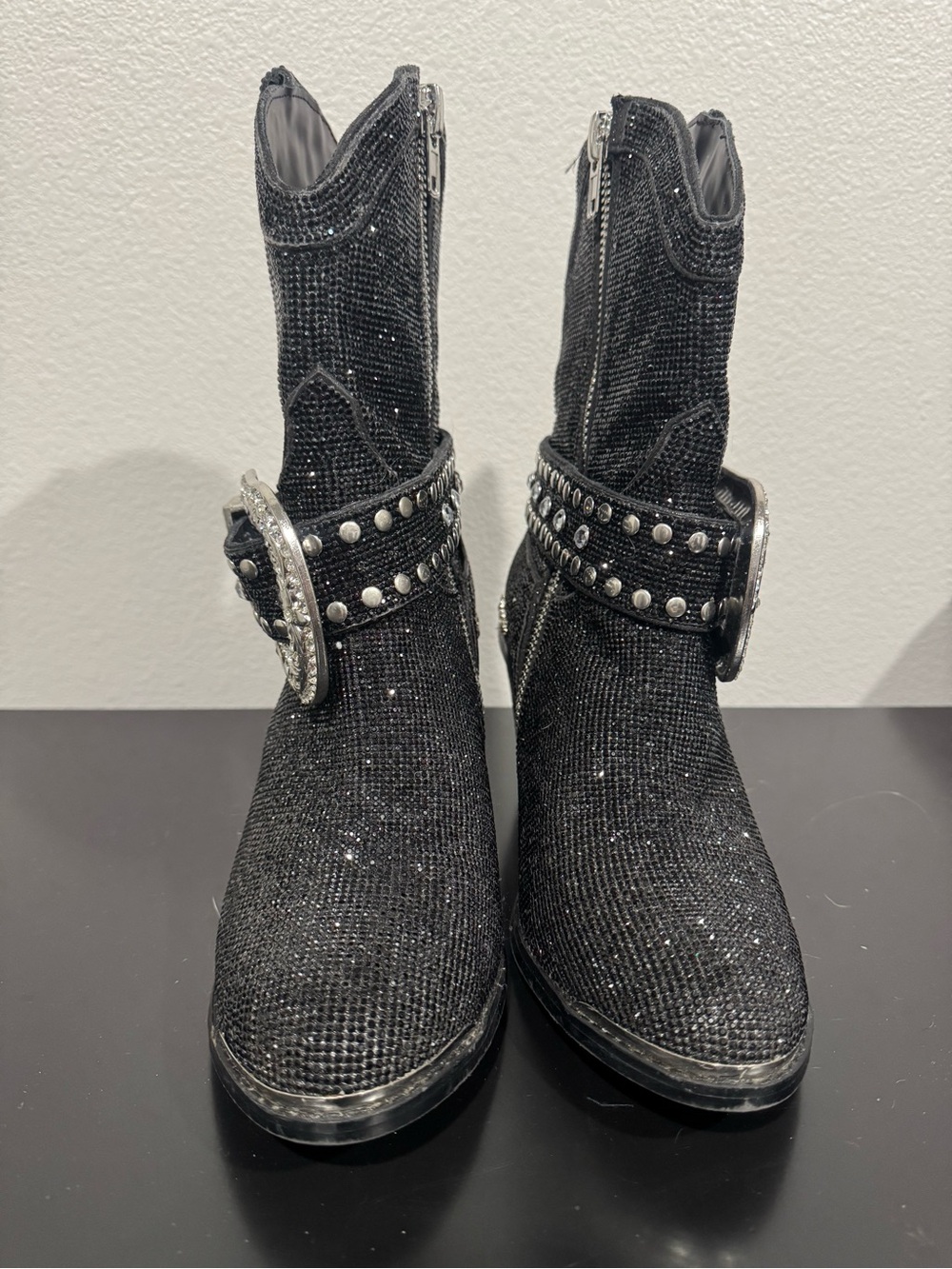 Dolls Kill Black Glitter Western Ankle Boots with Studded Buckle - Picture 8 of 10